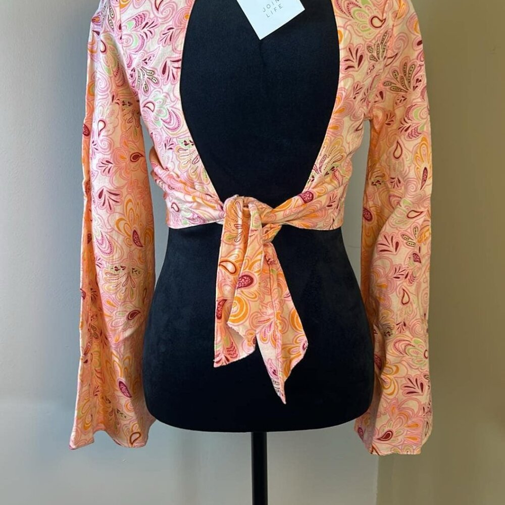 Zara XS Cropped Open Back Flared Long Sleeve Top Boho Festival Hippie Hipster  T - Picture 7 of 8